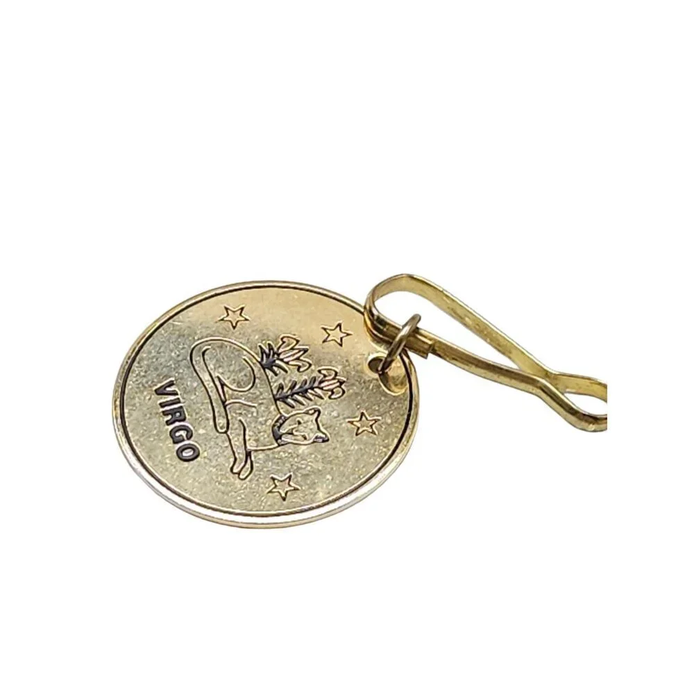 Virgo Engraved Sitting Leopard Stars Flowers Round Pendant Gold Tone Vintage